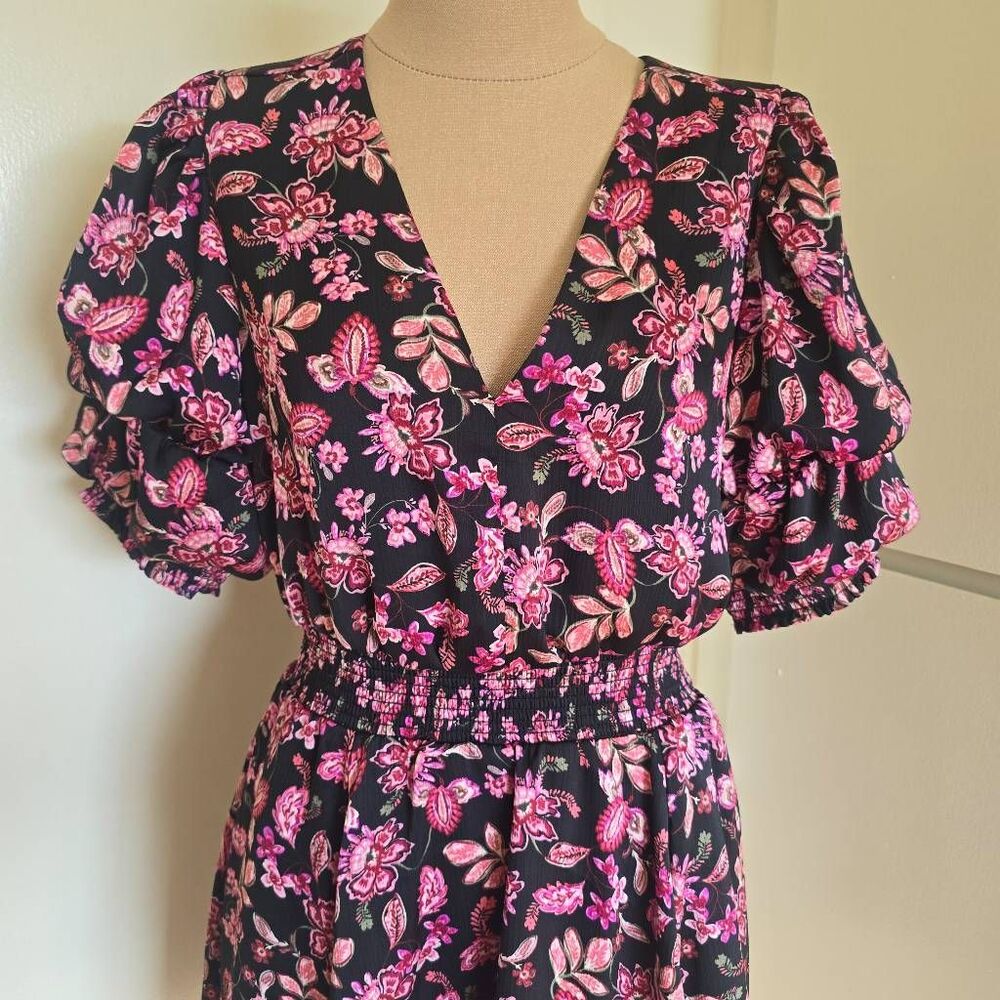 1. State V-neck Dres, Double-Tiered Bubble Sleeves Blk/Pink Floral, Pkts, NWOT S